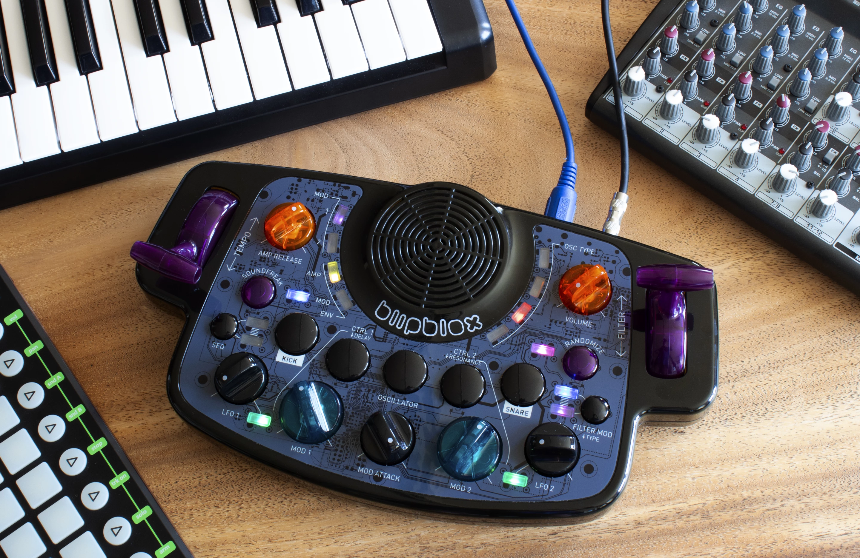 The toy synth can be used on its own, or hooked up to external music creation hardware