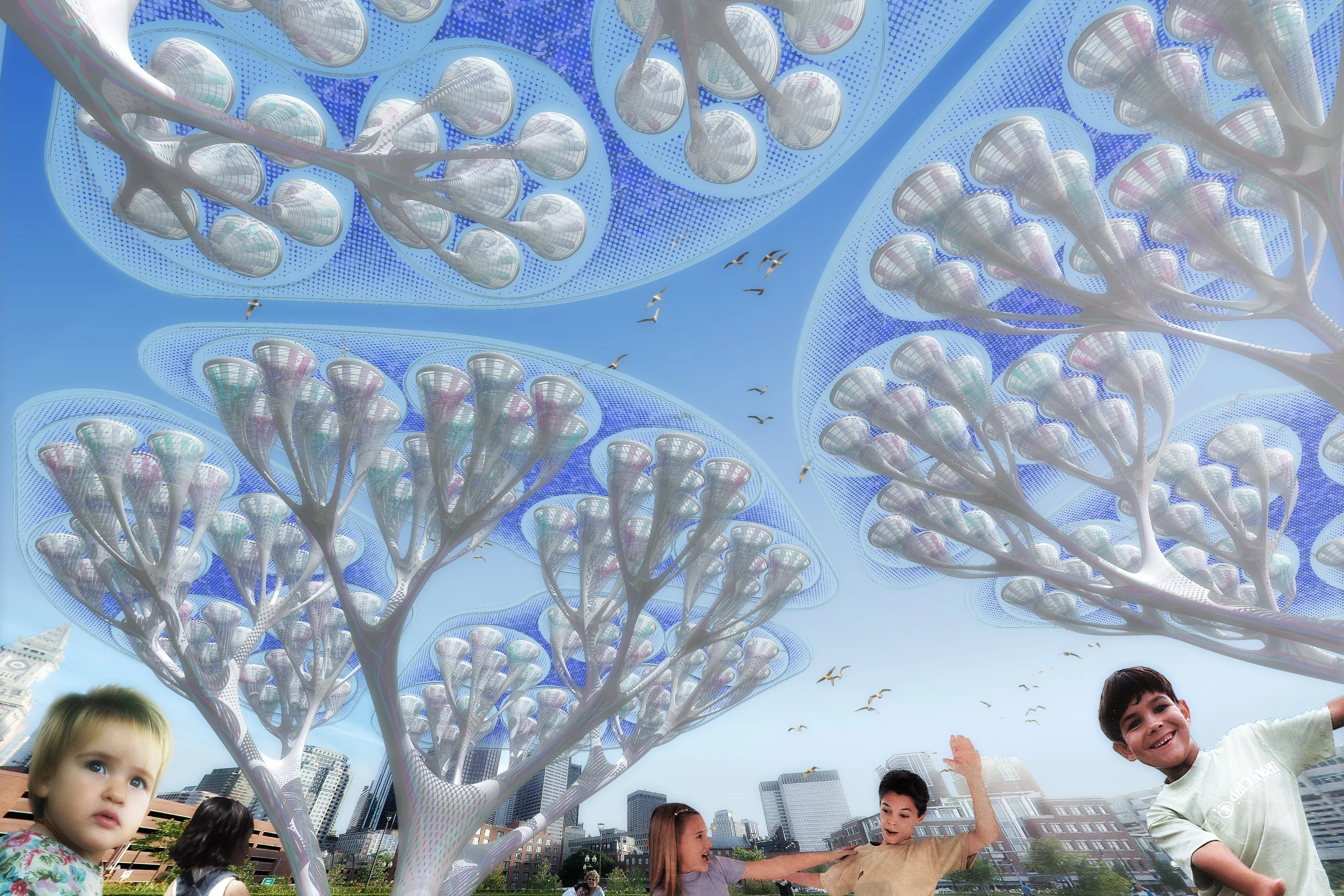 Enjoying shade under the Treepods canopy while the air cleaning system removes carbon dioxide from the air