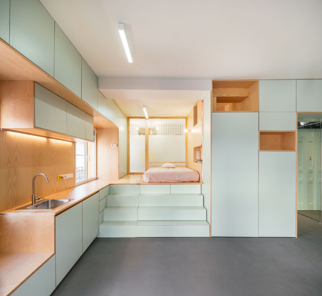 The tiny home has been designed for one to two occupants and is organized around an L-shaped living unit