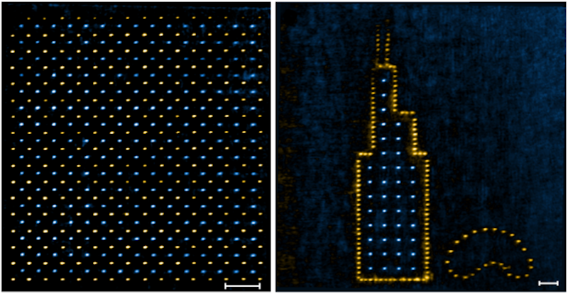 Left: the team's hybrid array of cesium (yellow) and rubidium (blue) atoms. Right: those atoms have been moved into the shapes of Chicago's Willis Tower and Cloud Gate, to demonstrate the customization capabilities