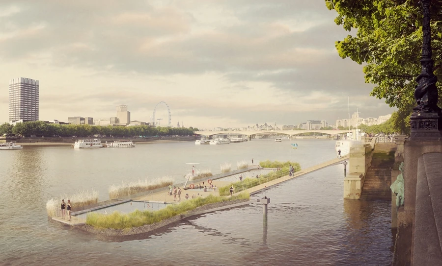 New designs have been released for swimming pools in the River Thames proposed by the Thames Baths Project
