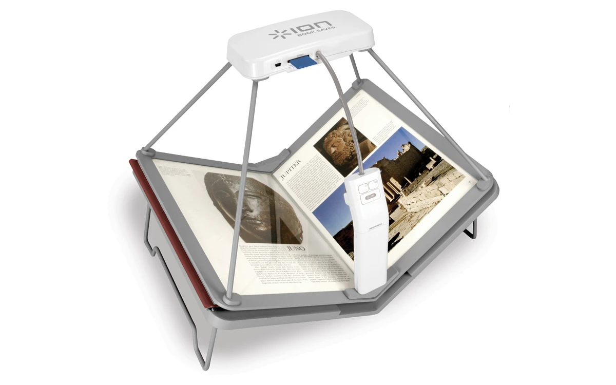 The Book Saver Book Scanner from Ion Audio can scan a 200-page paper book and convert it into e-Reader format in just 15 minutes