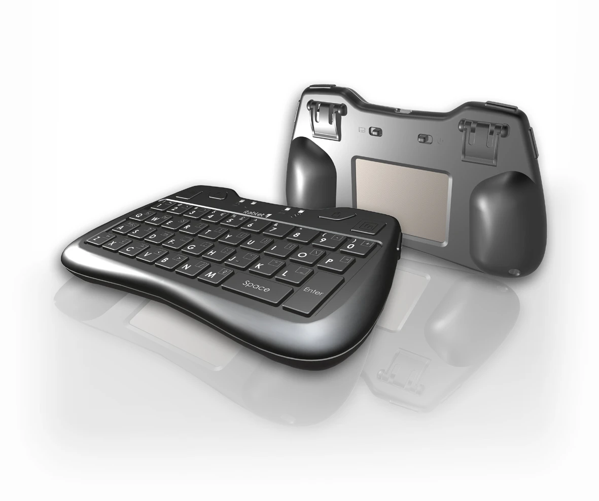 The itablet Thumb Keyboard with front facing QWERTY keyboard and rear-facing touchpad
