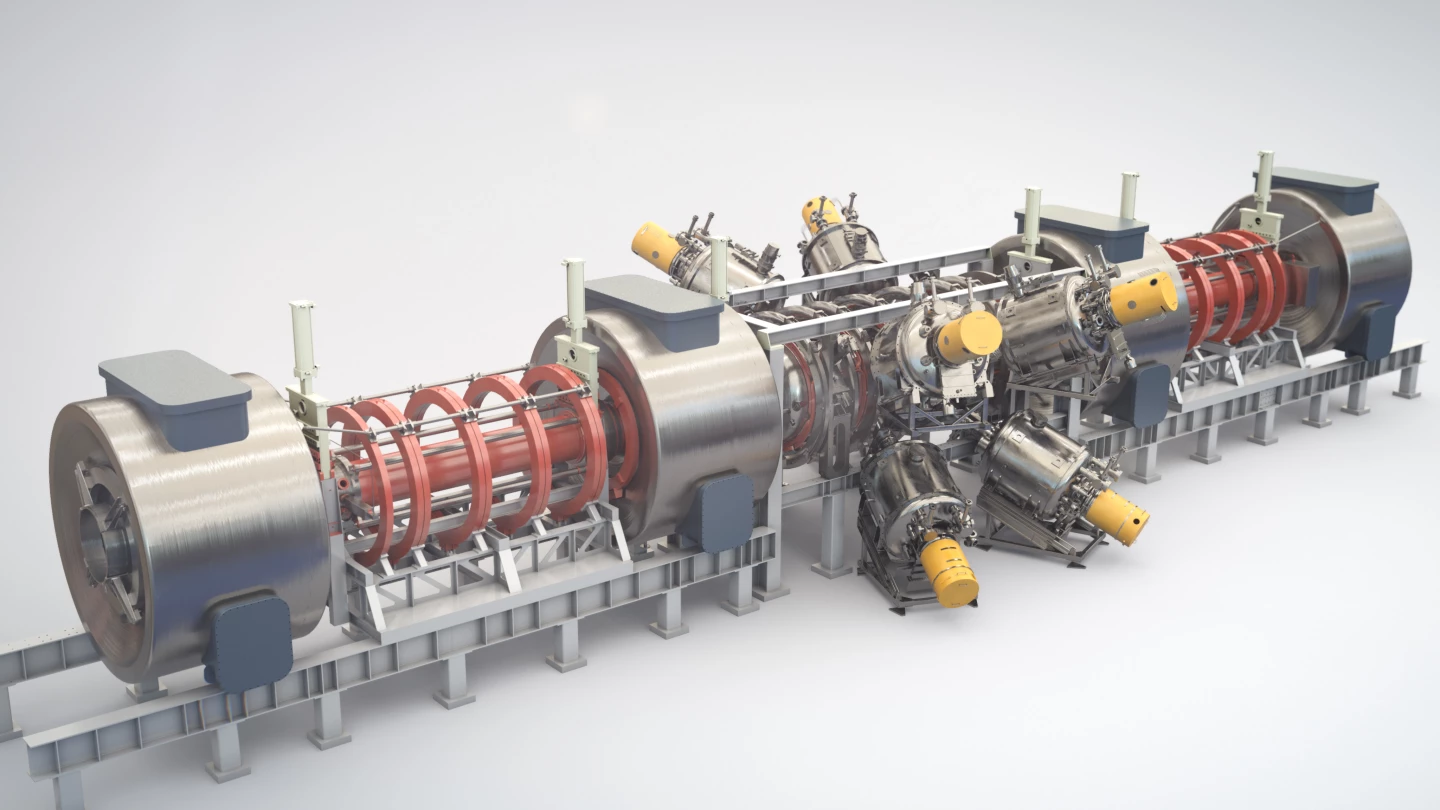 A rendering of the Norman reactor, with magnets handily color-coded red, and particle accelerators in yellow
