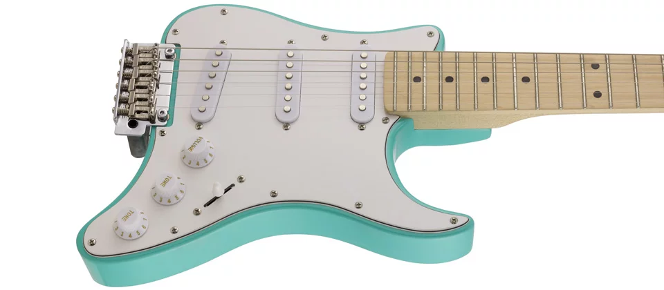 The Travelcaster is available in Surf Green (pictured) with a white pickguard or Black with a black pickguard