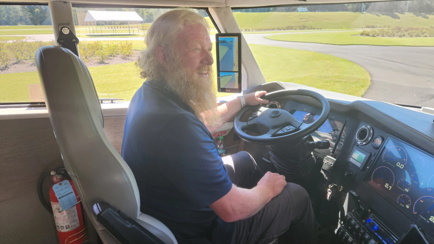 The author behind the wheel of the Shell Starship 3.0 during a hands-on session with the truck and its creat