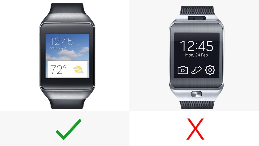 The Samsung Gear Live (left) has an always-on display; the Gear 2 doesn't