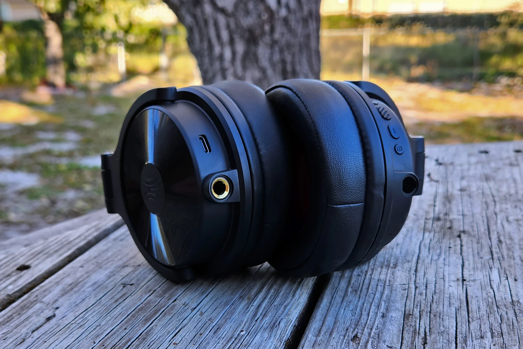 On the left ear cup, you can see the USB-C charge port and the 1/4-inch input jack – the right cup has the 3.5-mm input and the buttons to control your headphones