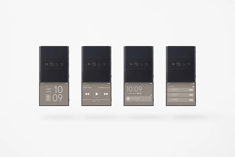 The first slide reveals a small screen for displaying such things as the current time and notifications