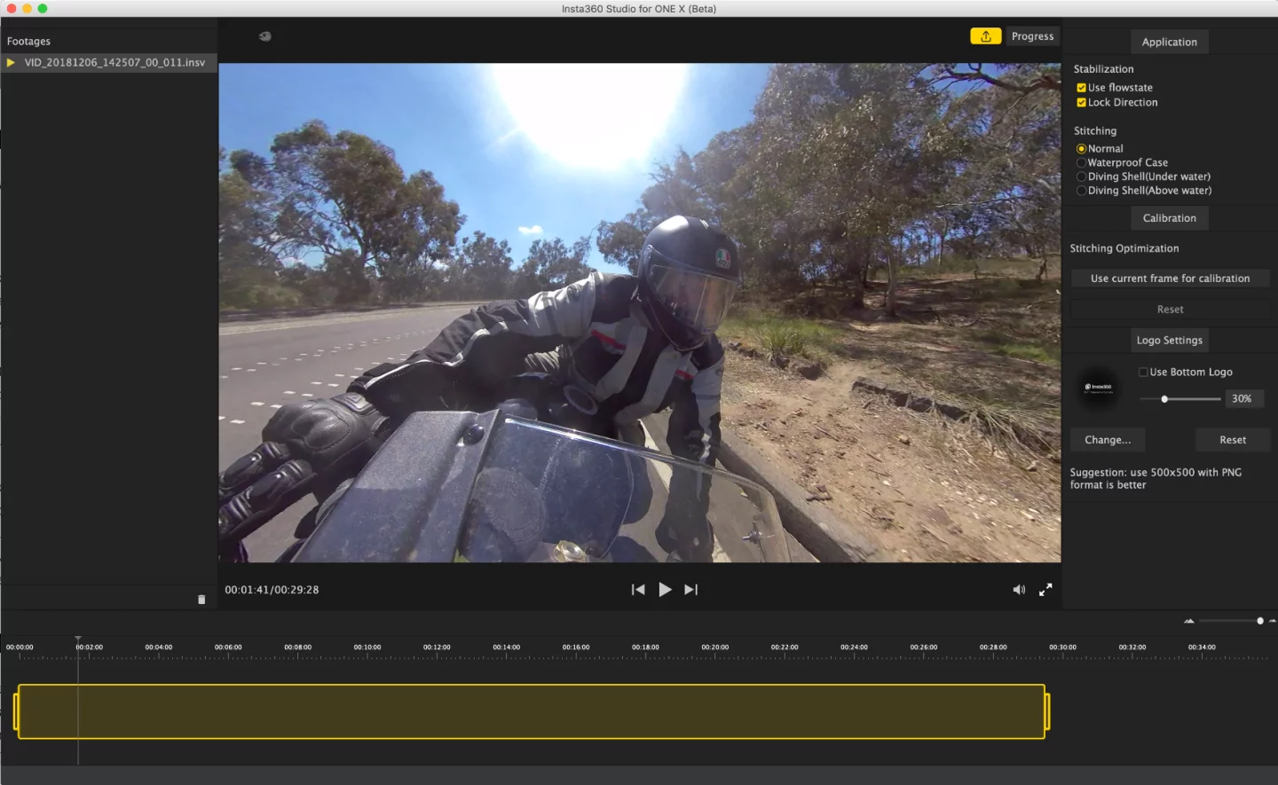 The Insta360 desktop app for One X is sadly lacking in functionality - to the point where we found it literally useless. The video on screen here was long enough to constantly crash the mobile app, and we couldn't get it out of the desktop app in any kind of useful format, so we can't show it.