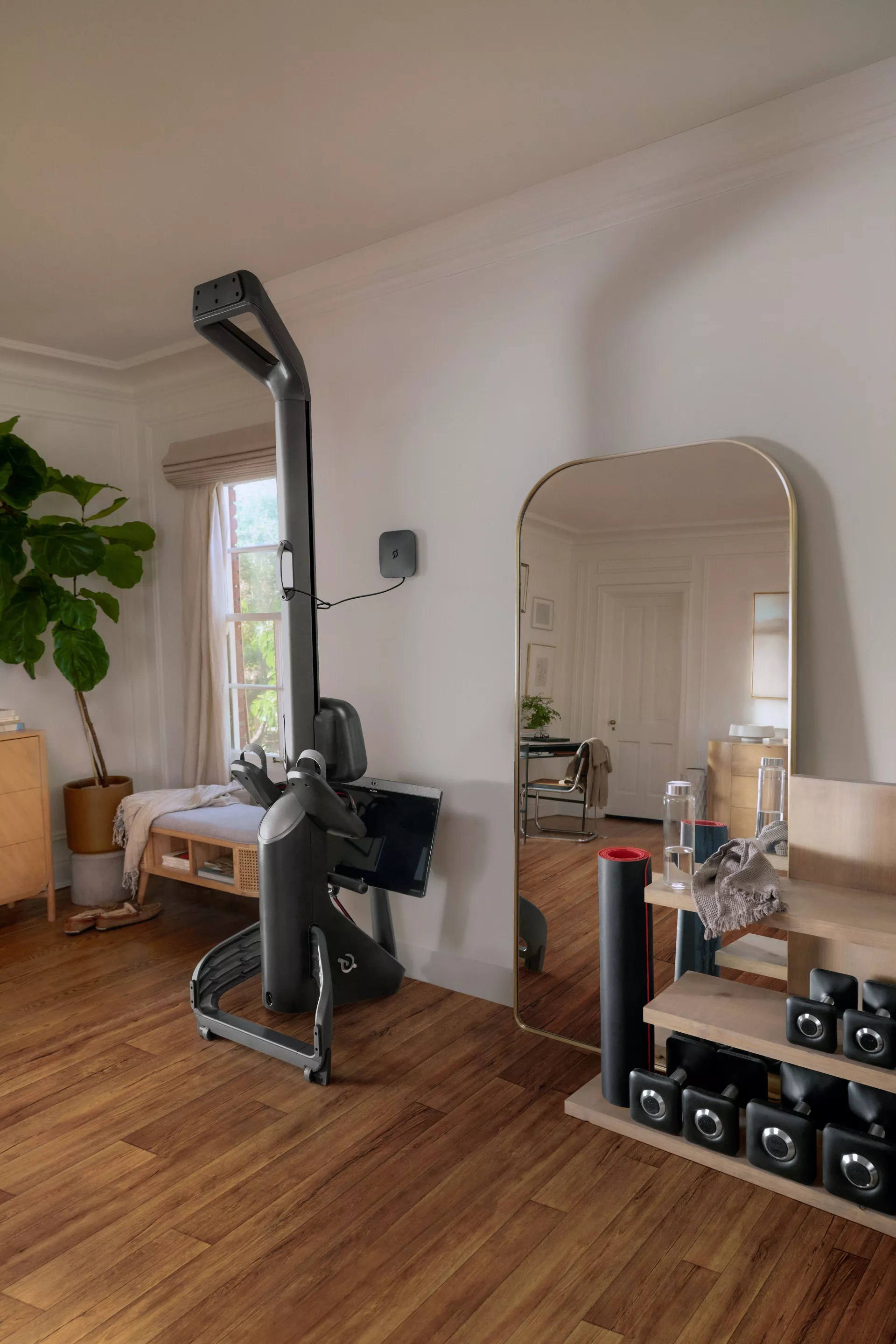 When not in use, the Peloton Row can be stored upright with help from the included wall mount