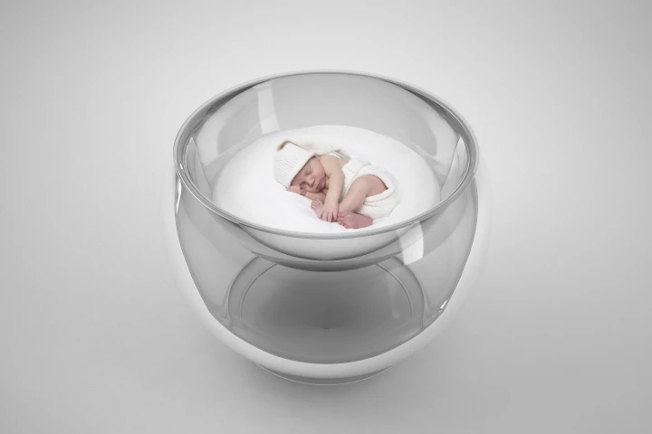 Bubble Baby is a vacuum-thermoformed and blow molded acrylic baby bed which was inspired by a traditional Russian tumbler-toy called a Nevalyashka
