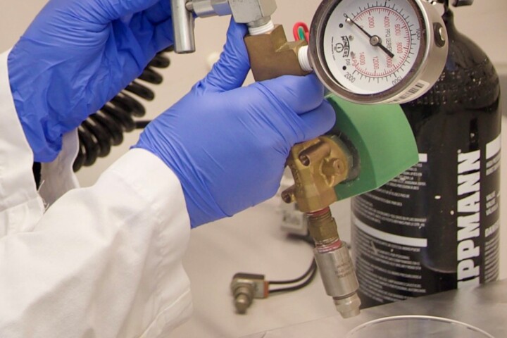 The prototype MOF-Jet, with its drug-delivery nozzle visible at the bottom