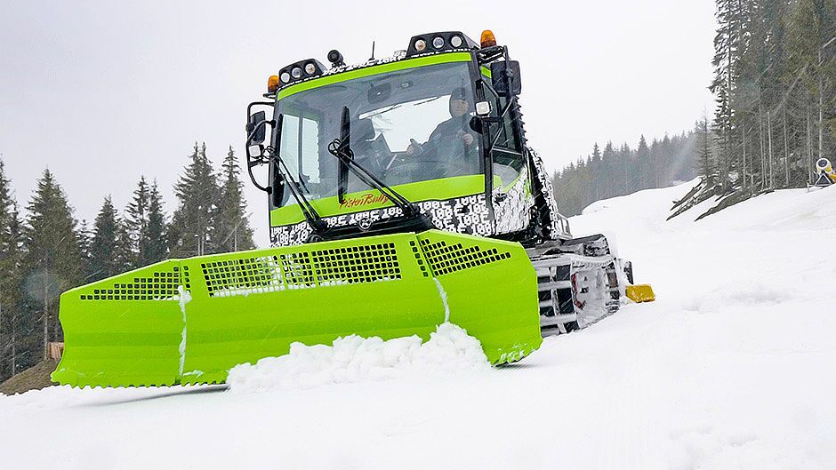 The emission-free PistenBully 100 E snow groomer, undergoing field testing