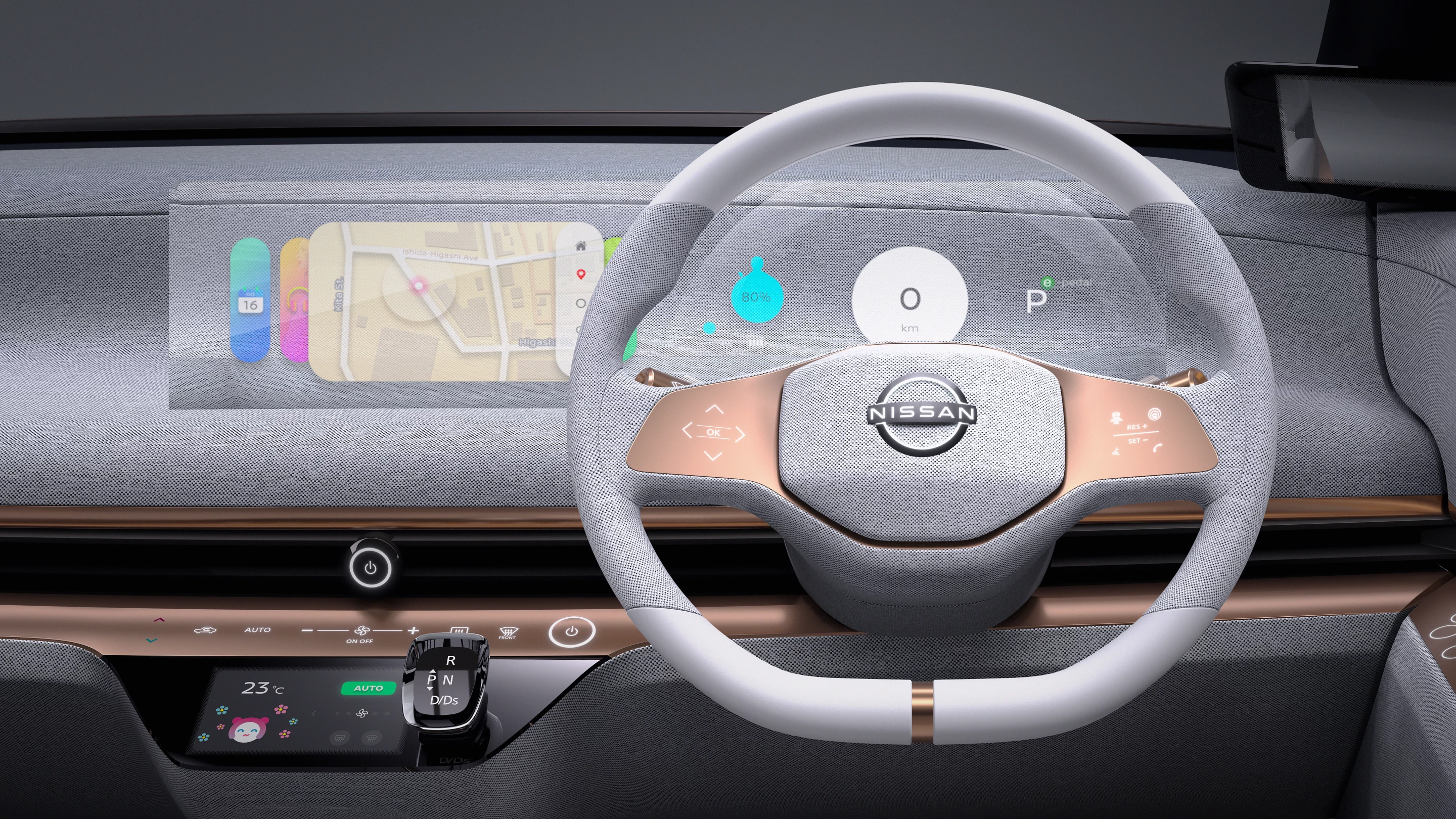 A bezel-free touch-enabled prism display panel shows trip info and navigation aids