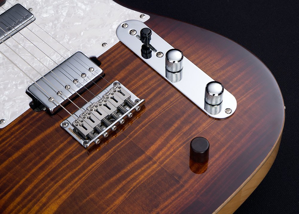 Finger-picking acoustic sounds are provided by a hardtail Fishman VT Powerbridge and Fishman Powerchip, with volume controlled by a wooden knob positioned behind the bridge