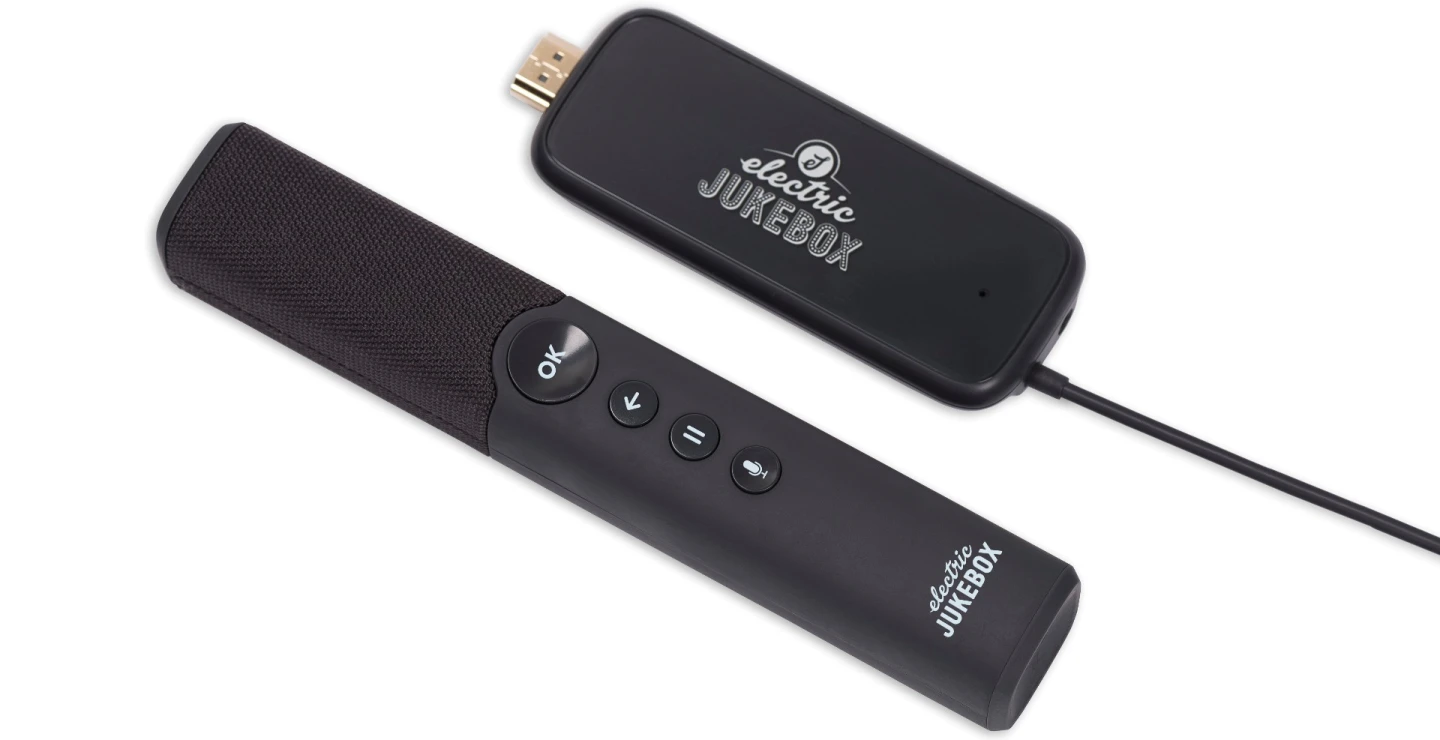 The Electric Jukebox is made up of two components: a HDMI dongle that's plugged into the TV and connects to the home Wi-Fi network and a gesture-based remote controller