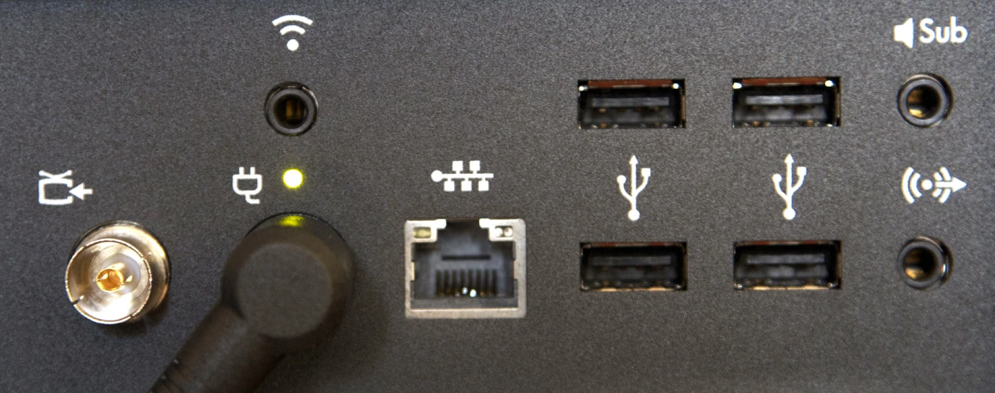 The rear connection panel of the Omni 27 all-in-one PC