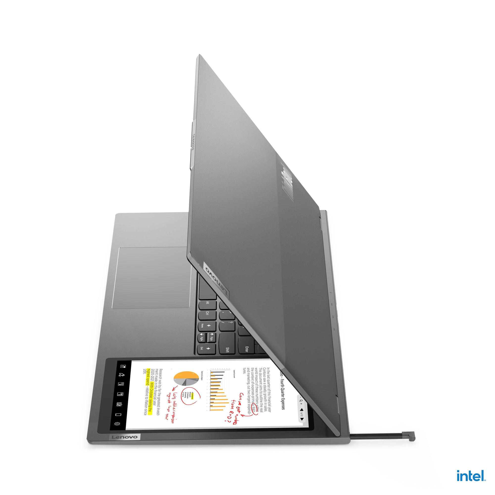 The Lenovo integrated digital pen can be stowed away within the ThinkBook Plus Gen 3's body when not in use