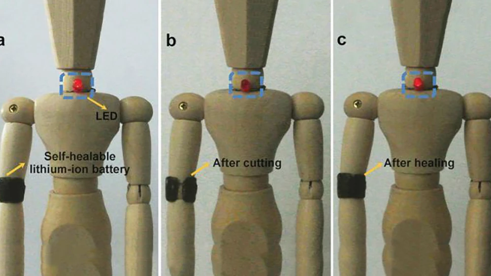 The researchers say that when their battery is broken, it can be repaired simply by pressing each of the broken ends together