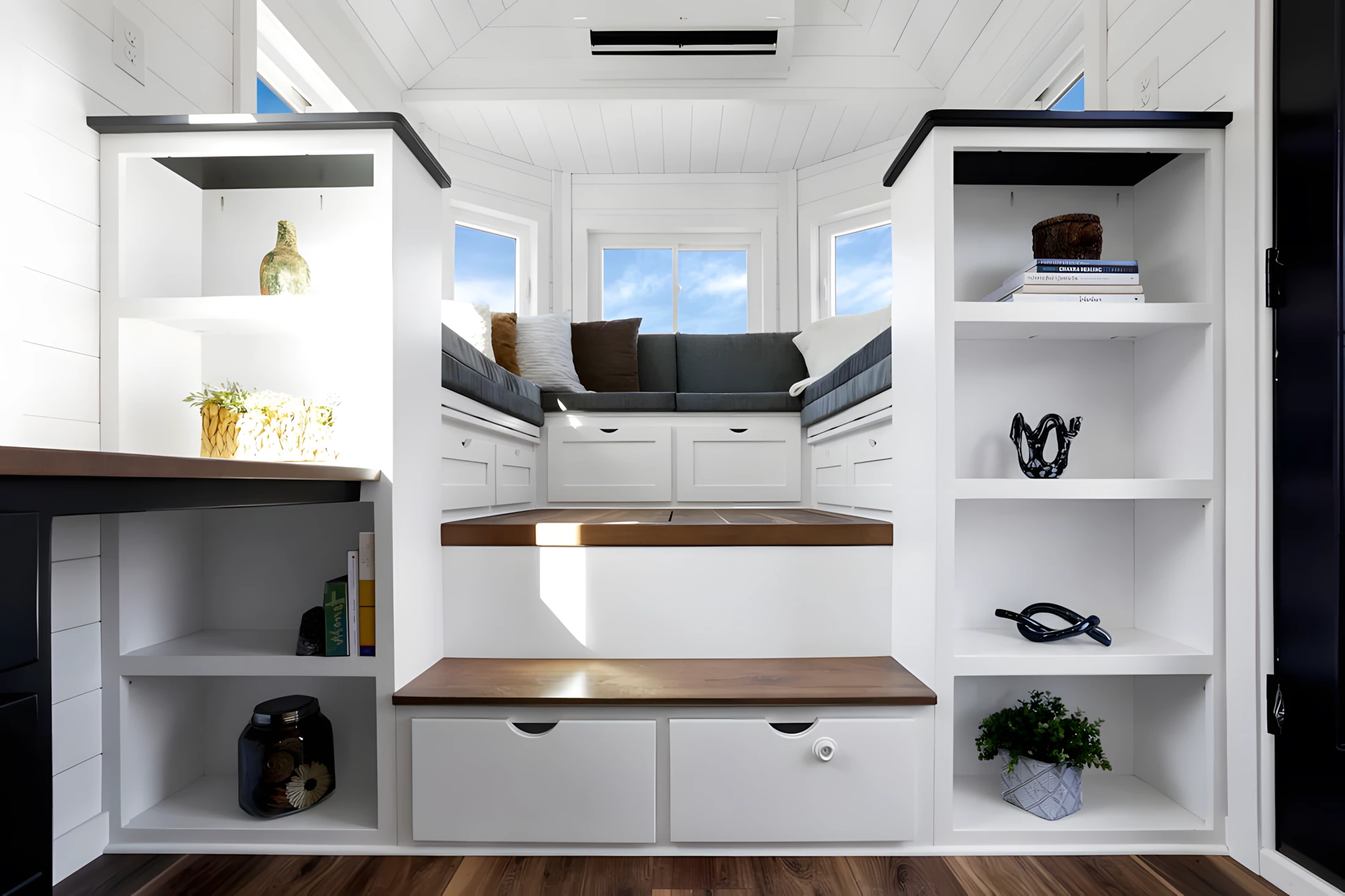 The Shadow's interior is based around its spacious living area, which is raised and has generous glazing