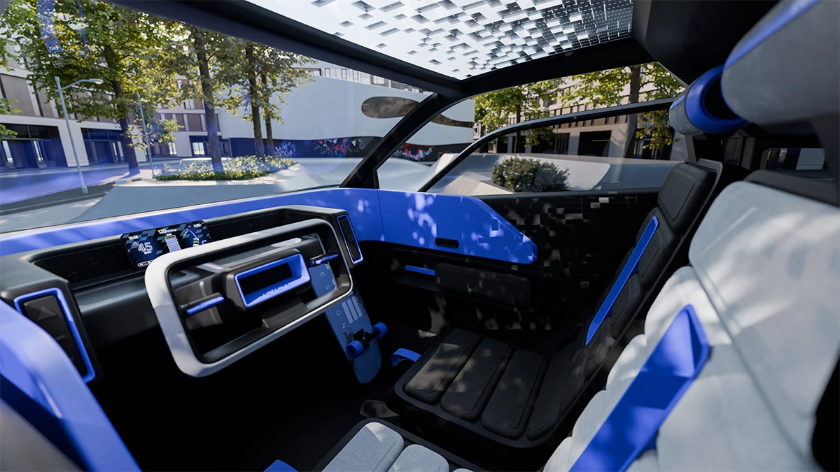 The interior includes pedal-free controls for the driver, 360-degree visibility, and a removable passenger seat