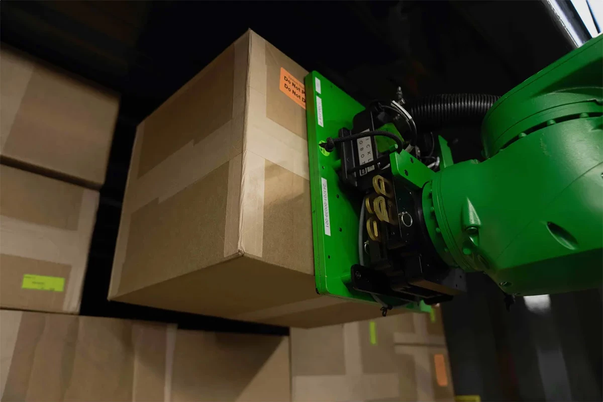 Pickle's robots use powerful pneumatic suction to grip boxes from any side, without having to mechanically grab them