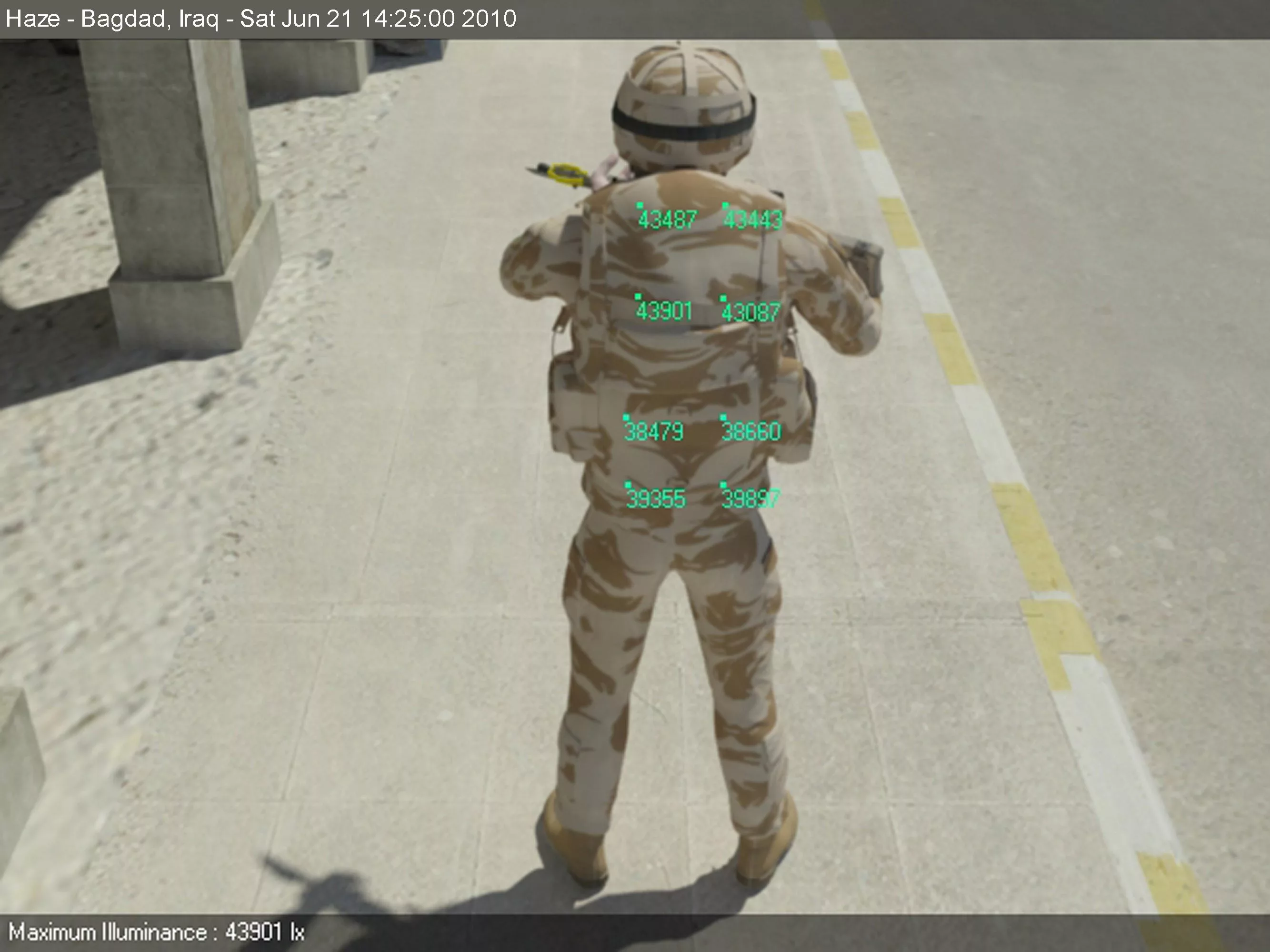 A soldier in a fictitious but realistic urban, desert environment, with superimposed numbers representing readings for anticipated sunlight (Image: EPSRC)