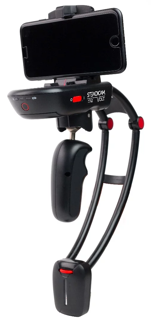 The Steadicam Volt's electronics are used to precisely balance the user's phone in the mount, via an accompanying iOS/Android app