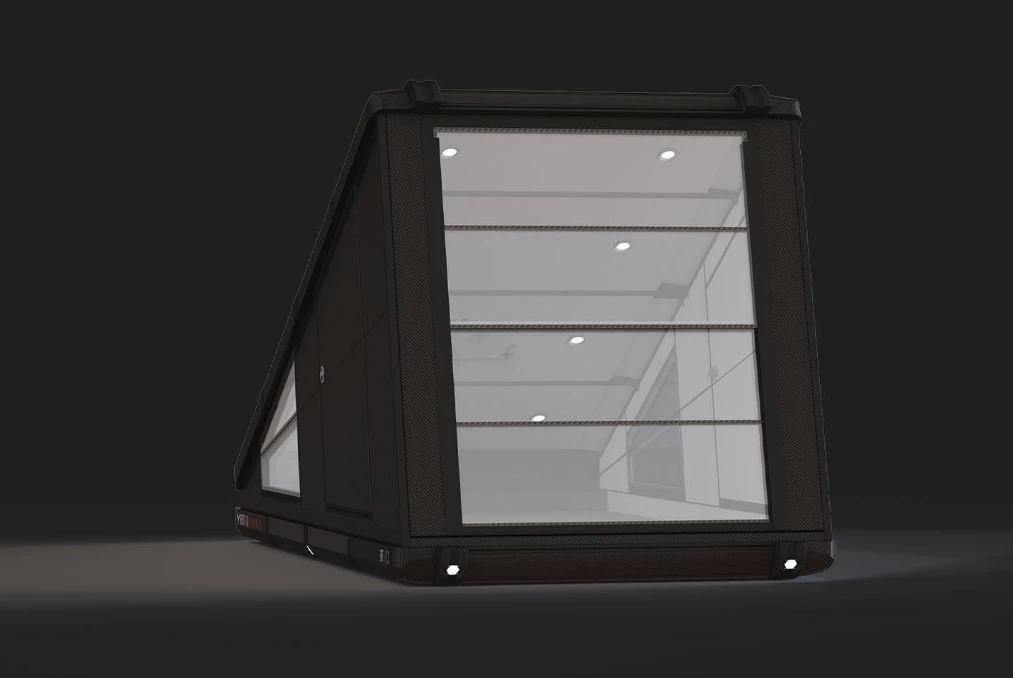 The impact-resistant-polycarbonate rear window panels slide up and down and flip open