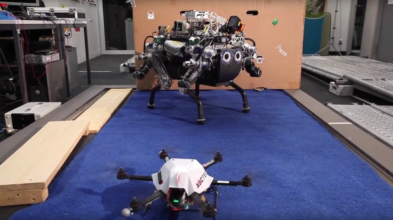The quadruped robot and the hexacopter, which worked together in the study