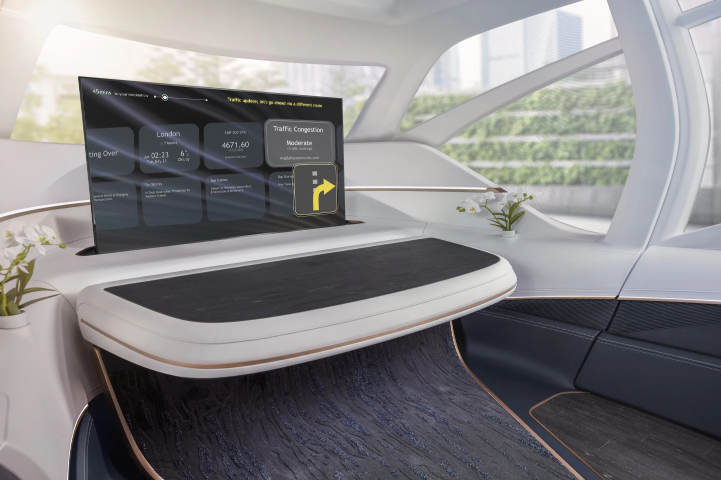The 50-in display fully deploys for auto infotainment, productivity and leisure viewing