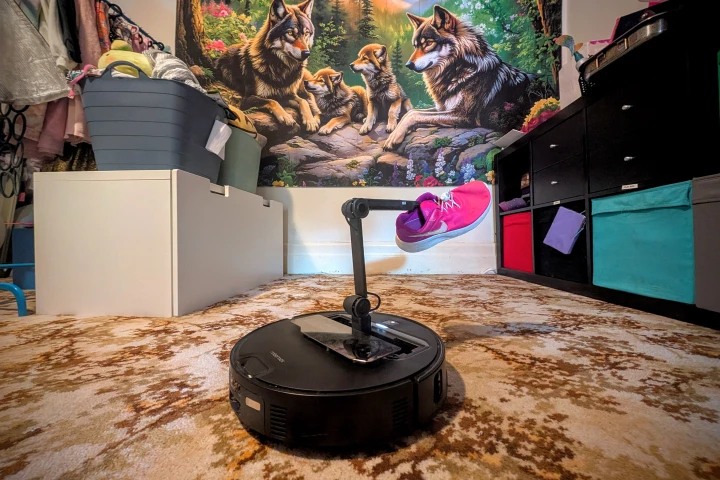 Like an ape holding up a bone, the Roborock Saros Z70 holds up a shoe. Yes, my daughter has a four-wolf wall hanging. She's seven. Yes, I had to remote-control the robot to stage this picture.