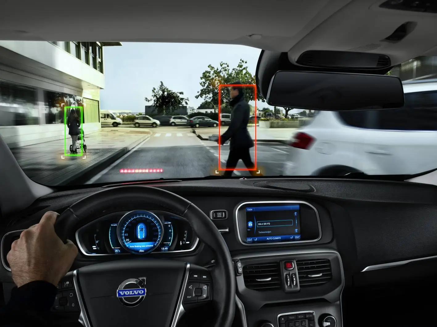 The Volvo V40 features front bumper sensors that register the physical contact between the car and pedestrian