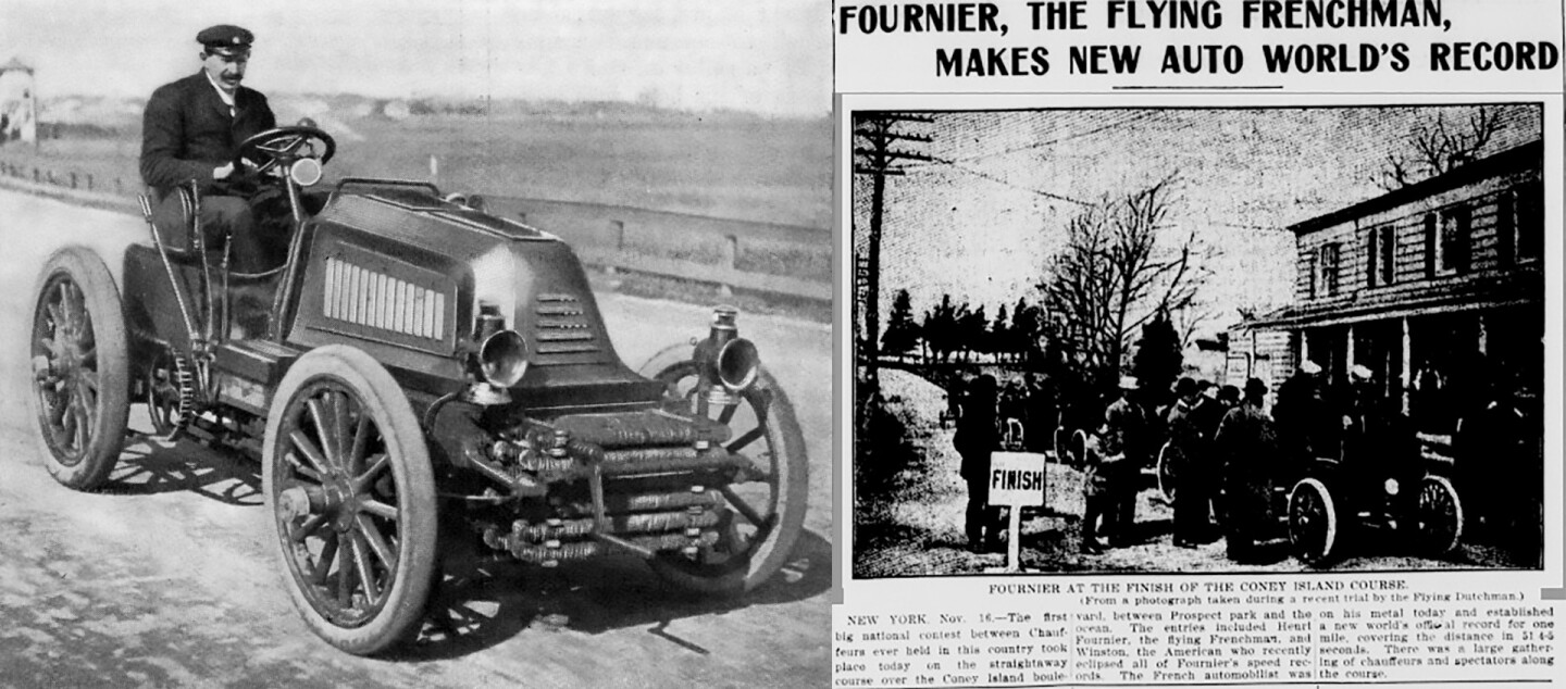 On 16 November, 1901, Mors factory driver Henri Fournier, during a promotional visit to America, set a time of 51.8 seconds for the flying mile, giving him a speed of 69.498 mph (111.846 km/h) and what was claimed at the time to be a world record. That's a clipping above from the Los Angeles Herald at right above, and the image at left is of Fournier in his Morz Type Z and came from this excellent coverage of events in the Digital History project.