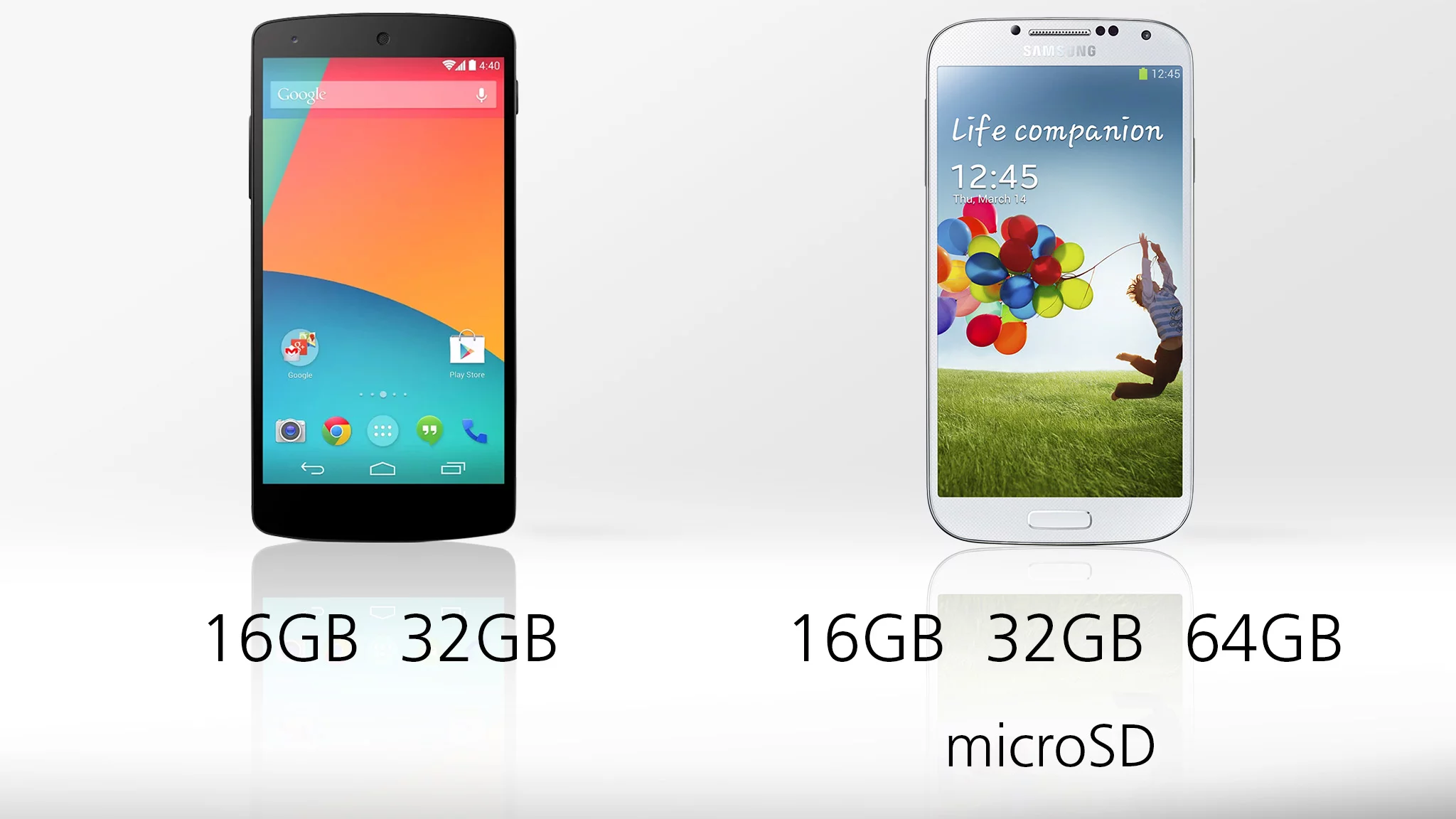 The Nexus 5 only comes in two storage options, and lacks microSD support