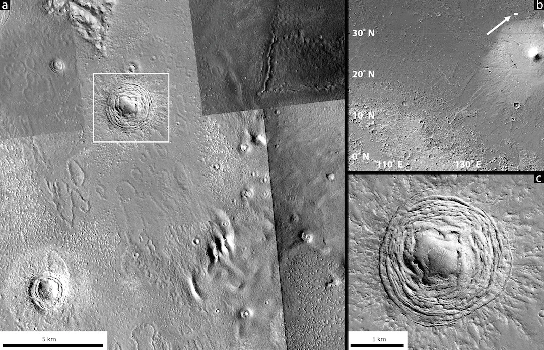 This depression in the Galaxias Fossae region on Mars, as seen from different angles, appears to have been the result of an asteroid impact
