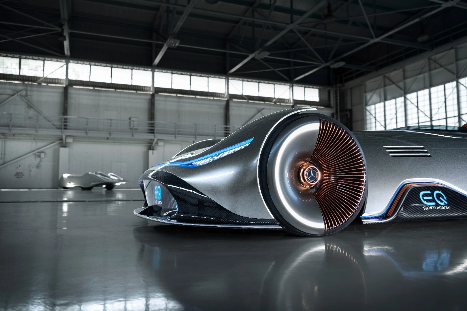 Each wheel of the Vision EQ Silver Arrow concept contains 168 lightweight aluminum spokes painted in rose gold