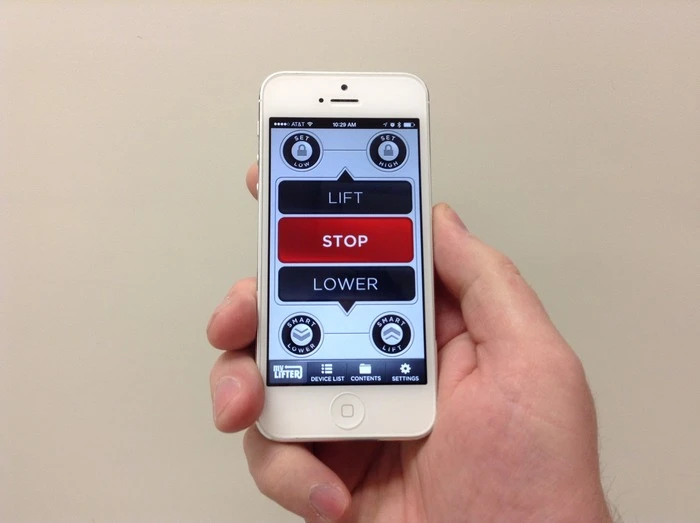 Connecting to any iOS device via Bluetooth 4.0, the companion app features standard lift and lower buttons