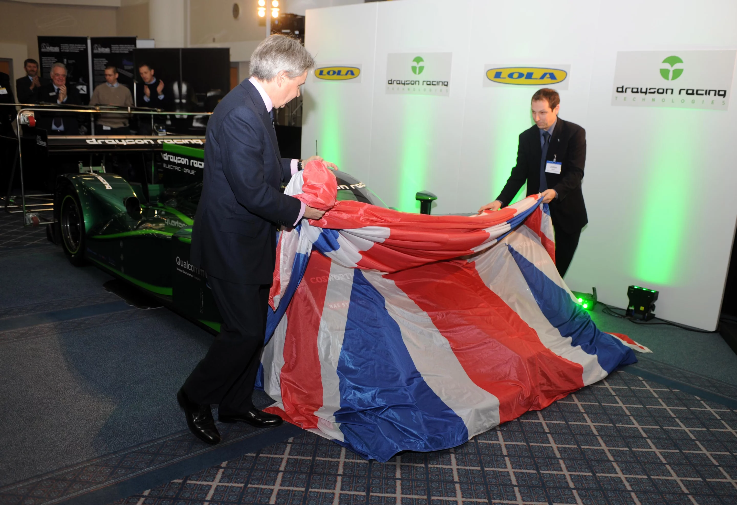 Lord Paul Drayson unveils the Lola-Drayson B12/69EV at the UK's 2012 Low Carbon Racing Conference