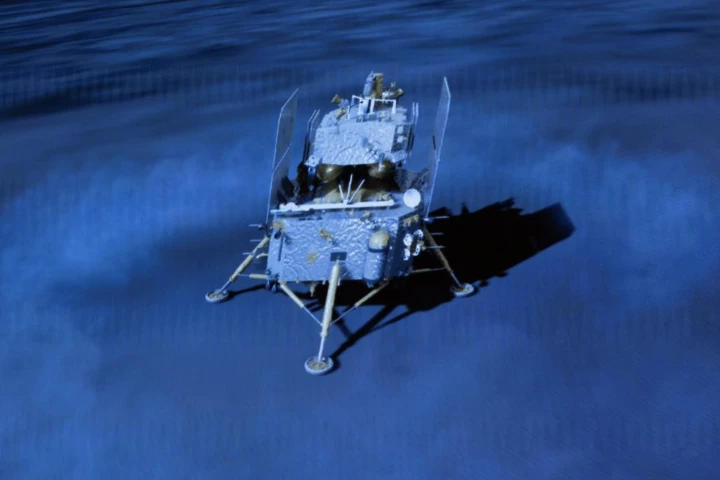 Image from a video animation at Beijing Aerospace Control Center (BACC) as the Chang'e-6 probe lands on the far side of the Moon