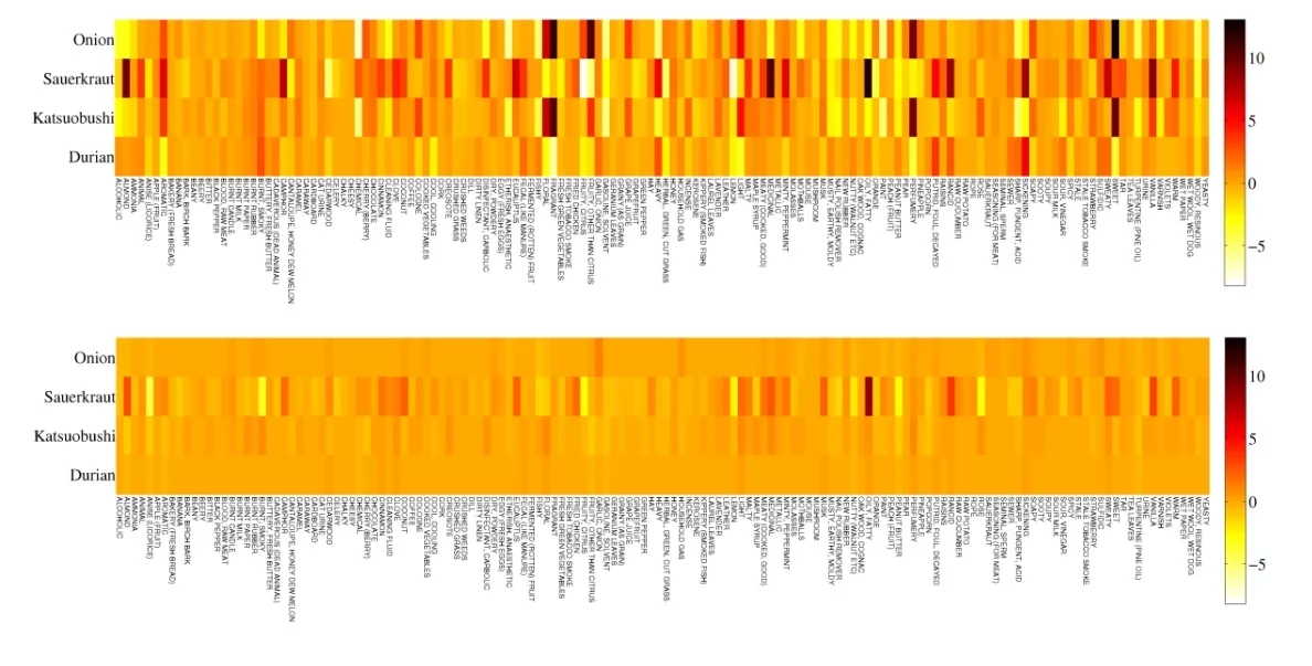 The perceived smells of four selected foods, before and after "active odor cancellation" (Image: L. and K. Varshney)