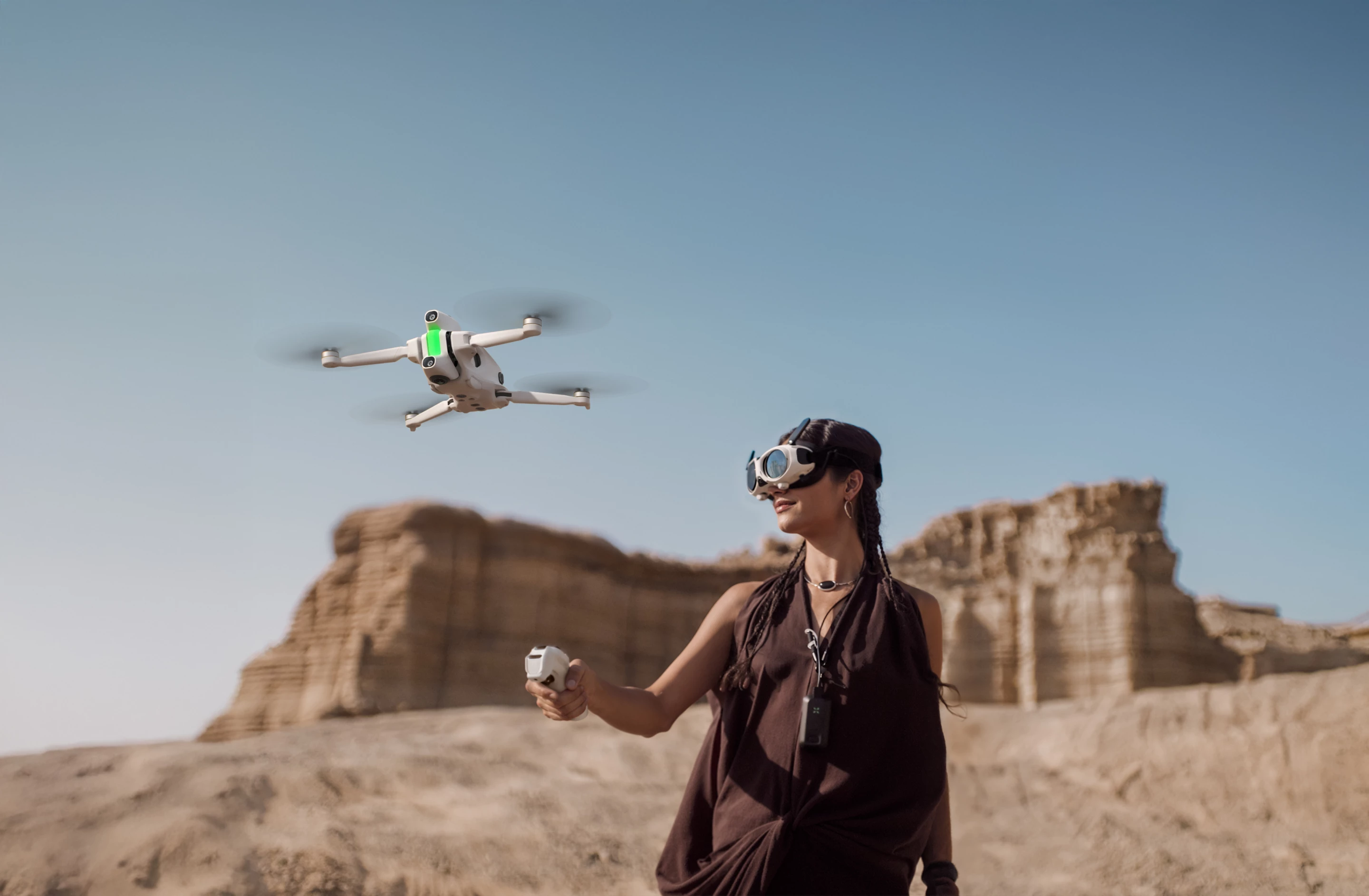 The Antigravity A1 setup includes the 249-g 360-degree cameradrone, a point-to-fly grip controller and a pair of FPV goggles with funky front viewing screen