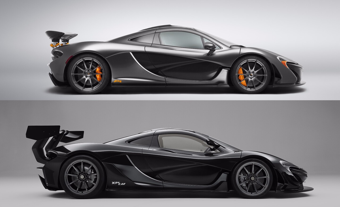 The McLaren P1 LM below the P1. offers just an inkling of the massive difference between the two vehicles. There's a reason the LM costs nearly three times as much and you can't see most of the things they did under the skin, or the way the entire front of the car has been redesigned with a much bigger front splitter. The overall aerodynamic changes resulted in 40 percent extra downforce at speed.