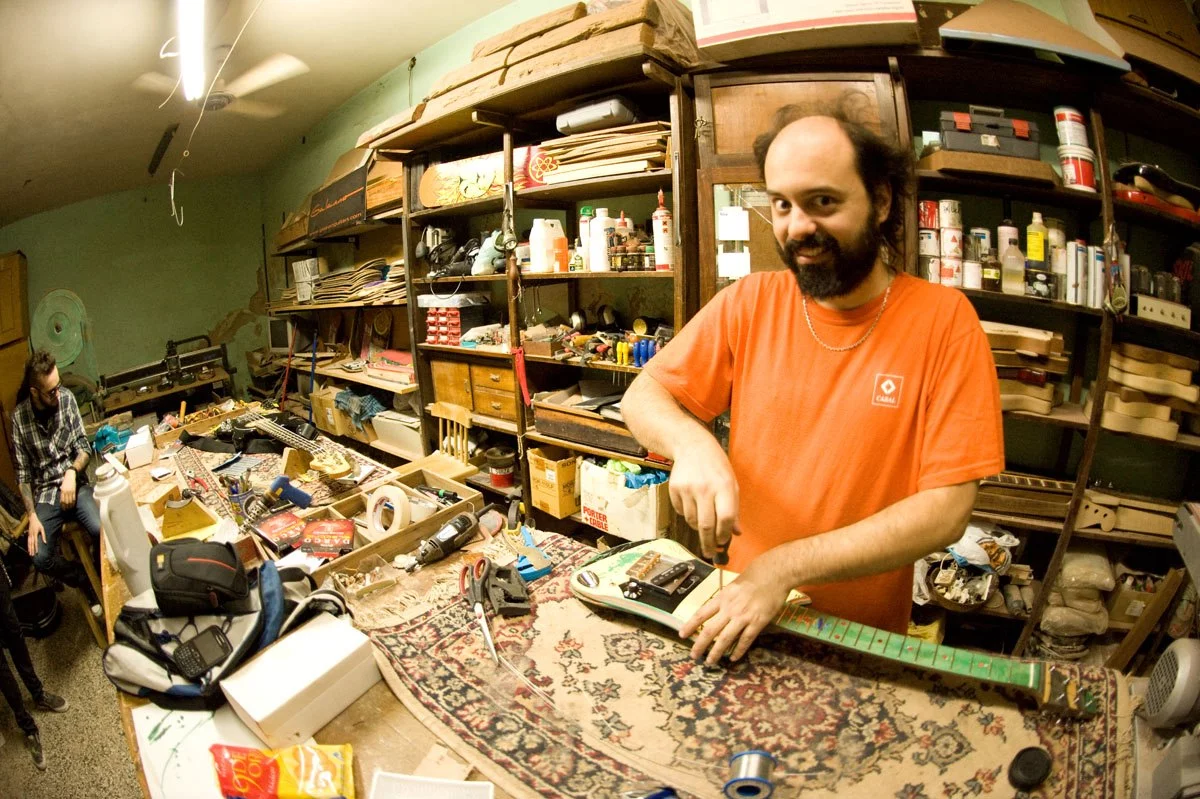 Offbeat Argentinian luthier Ezequiel Galasso puts the finishing touches to a Skate Guitar featuring a Telecaster ashtray bridge
