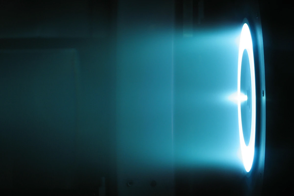 A Hall thruster electric propulsion unit in operation