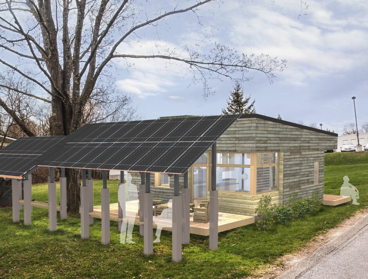 InSite features a mechanical chimney which houses all electrical, plumbing, and mechanical systems (Image: Middlebury Solar Decathlon)