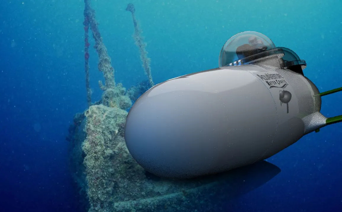 Computer image of the SeaBird personal submarine that is designed to be towed by a surface vessel (tow cable not pictured)
