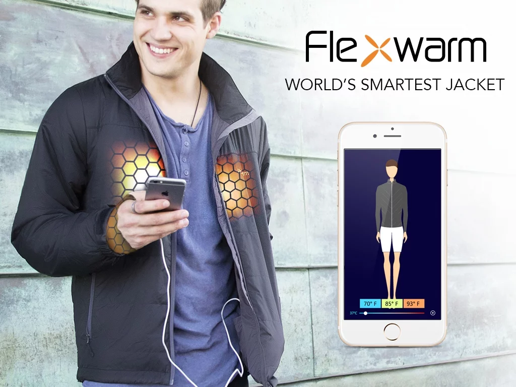 The Flexwarm smart jacket is designed with dual sensors that automatically adapt the heat to desired levels, no matter the outside environment