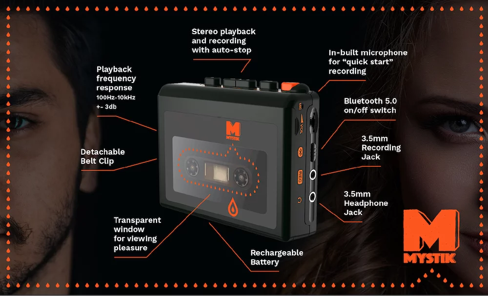 Diagram showing the main specs for the Mystik portable audio cassette player